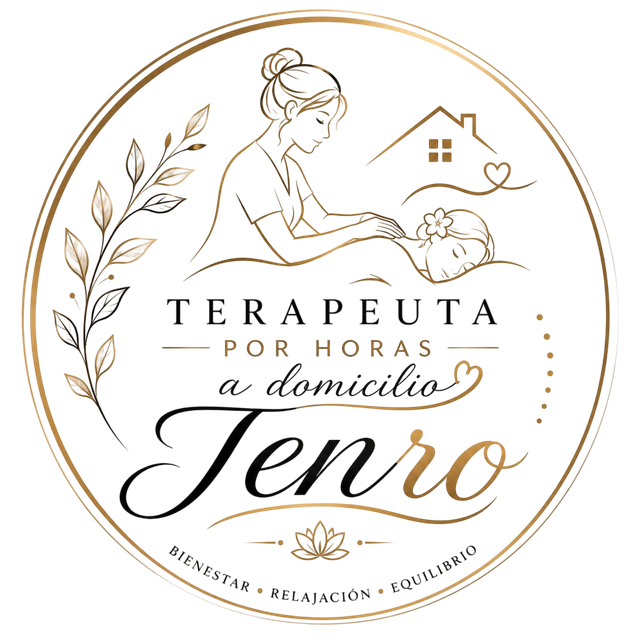 Logotipo circular en beige y dorado de «Terapeuta por horas a domicilio Zenro», con una silueta, una casa y hojas.