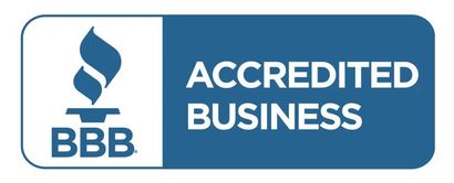 BBB Accredited Business logo in blue and white with a torch icon and bold text