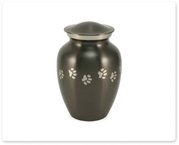 Dark gray urn with silver paw prints on a white background