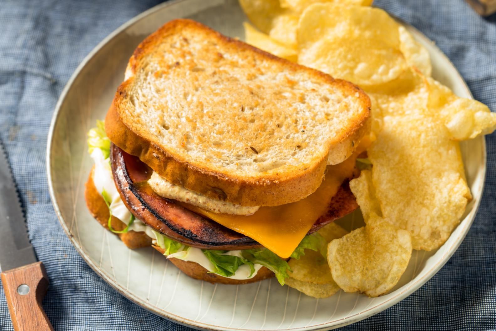 Turkey sandwich on a plate with potato chips