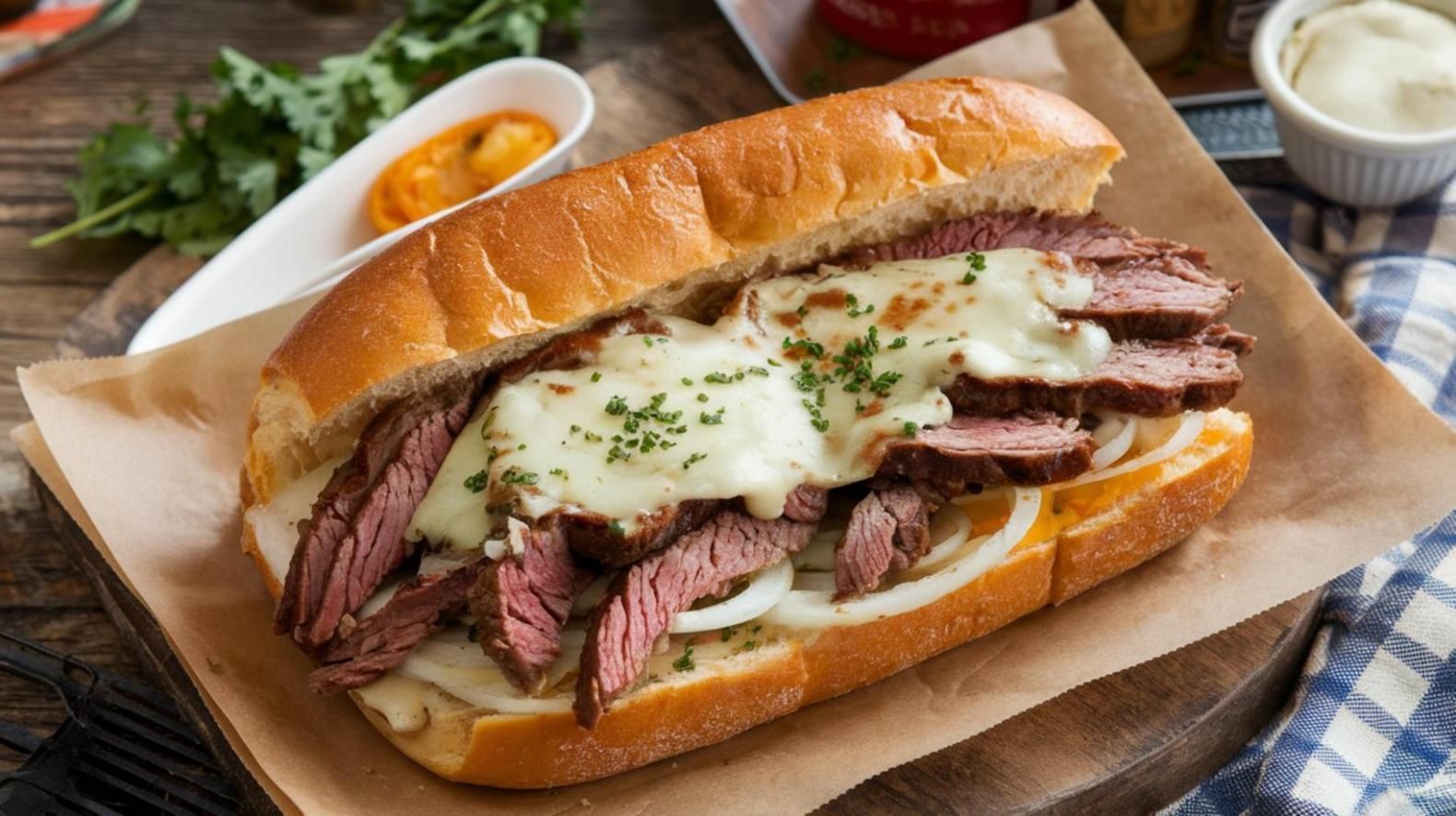 Steak sandwich with melted cheese on a baguette, served on parchment with dipping sauce and herbs