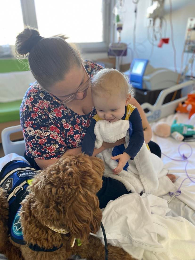 A woman is holding a baby and a dog in a hospital bed.