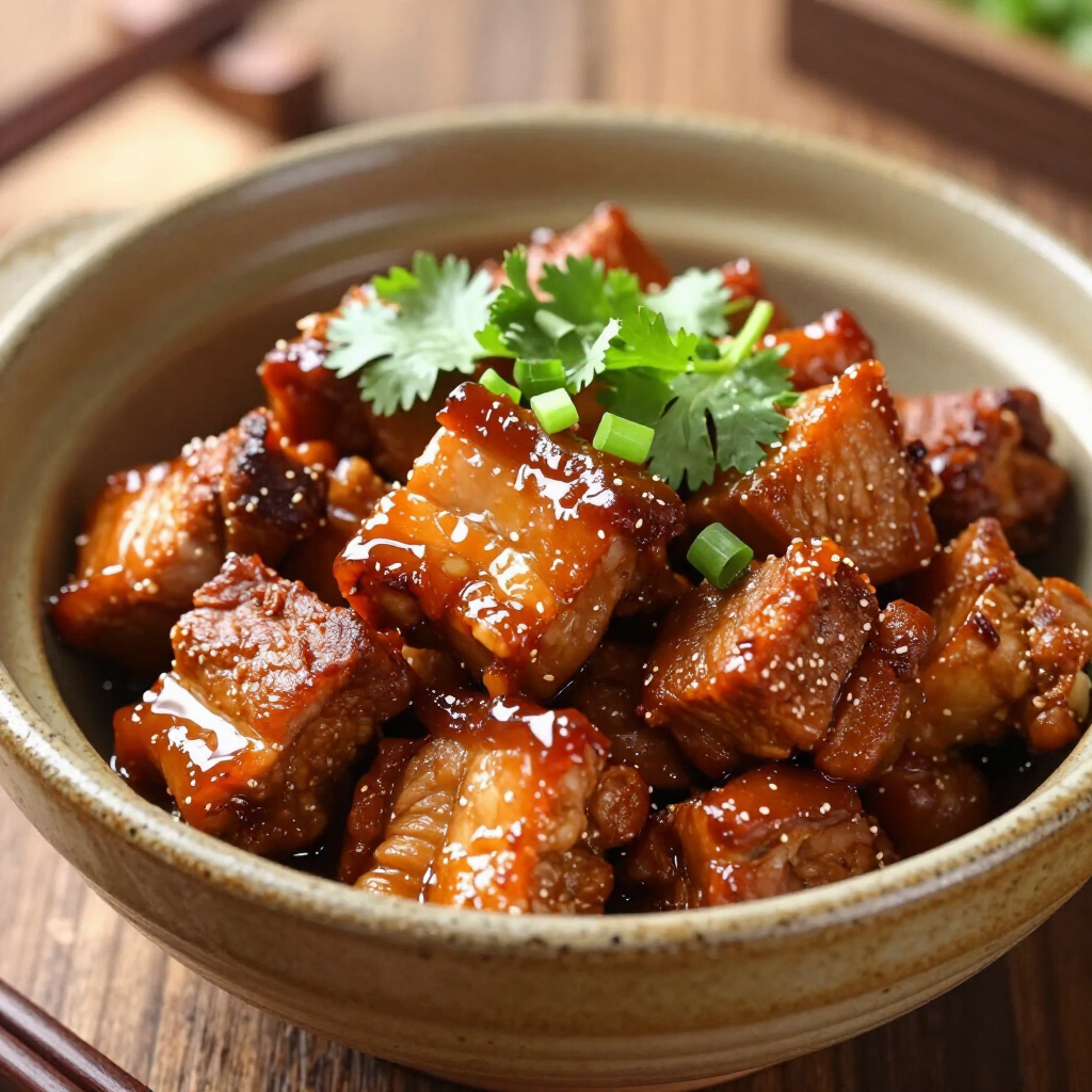 Bowl of glossy braised pork cubes topped with cilantro and chopped green onions