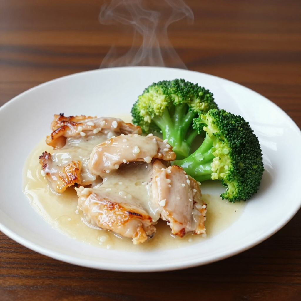 Steamed fish with broccoli florets on a white plate, with light sauce