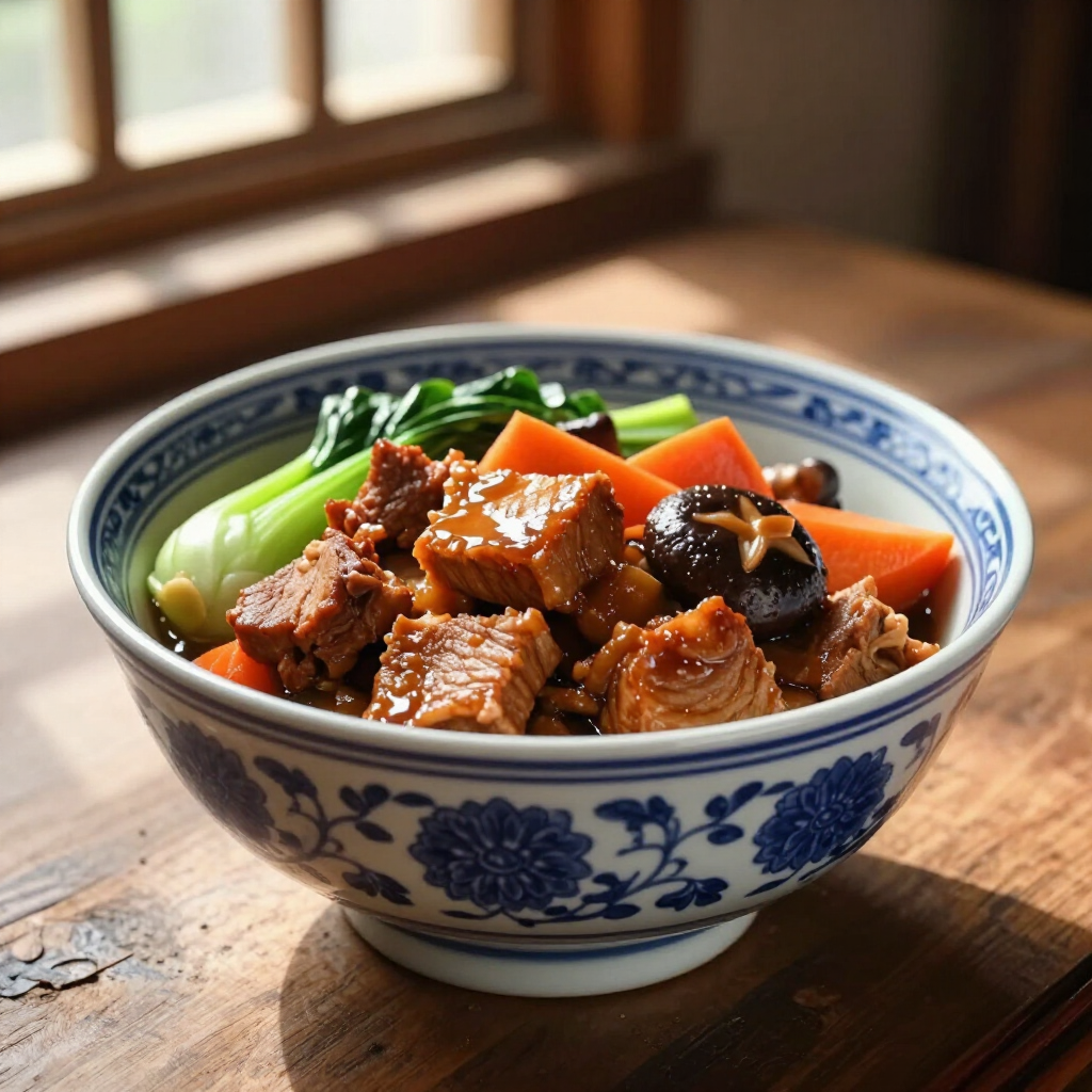 Blue-and-white bowl of braised meat with carrots, bok choy, and mushrooms on a wooden table by a window