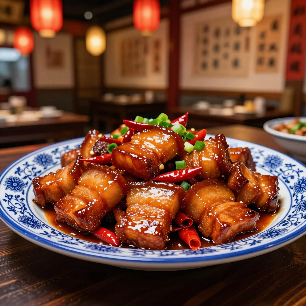 Glazed pork belly topped with chopped green onions and red peppers on a blue-and-white plate in a restaurant