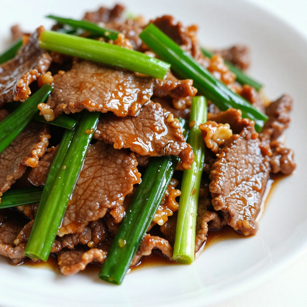 Beef stir-fry with green vegetables on a white plate