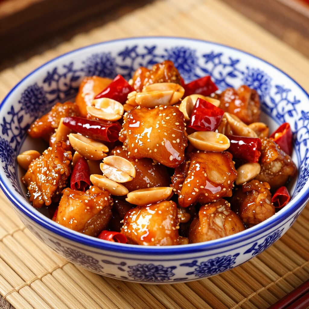 Blue-and-white bowl of glossy sesame chicken with peanuts and red chilies on a bamboo mat