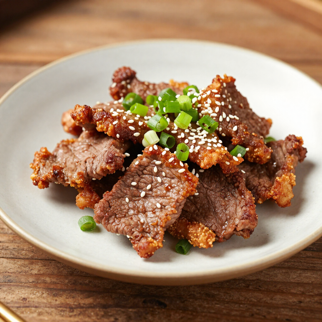 Crispy fried beef bites topped with sesame seeds and chopped green onions on a white plate
