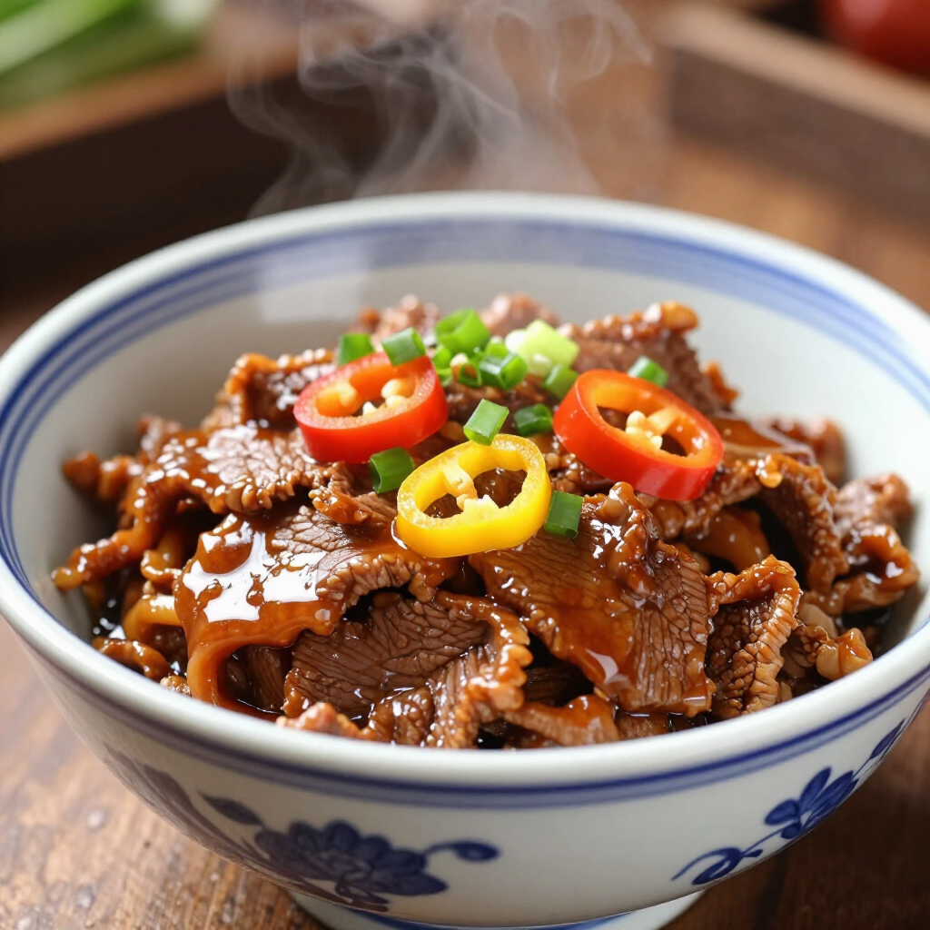 Steaming bowl of glossy beef topped with sliced red, yellow, and green peppers and scallions