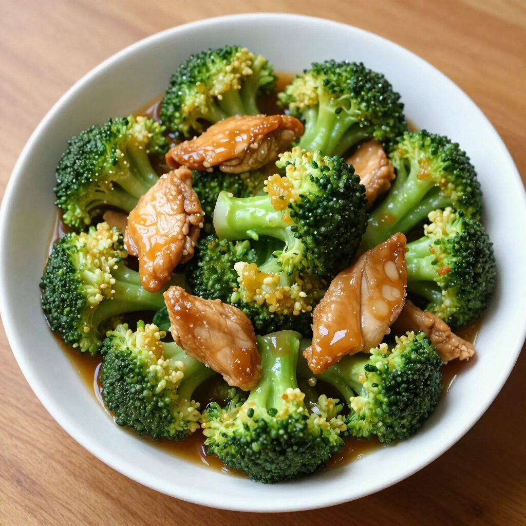 Bowl of broccoli florets with glazed chicken pieces, served on a white dish.