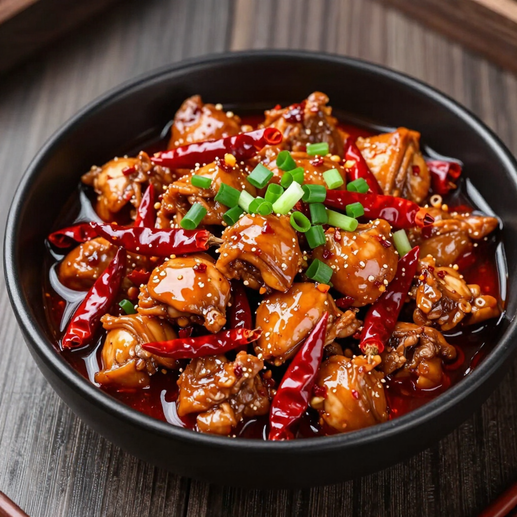Spicy glazed chicken with dried red chilies and sesame seeds in a black bowl, topped with green onions
