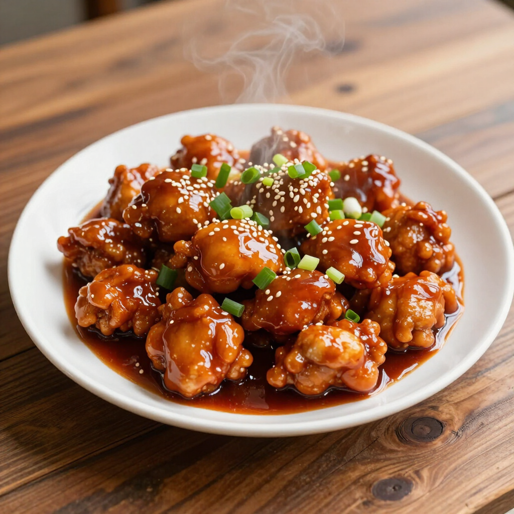 Glazed saucy chicken bites garnished with sesame seeds and green onions on a white plate