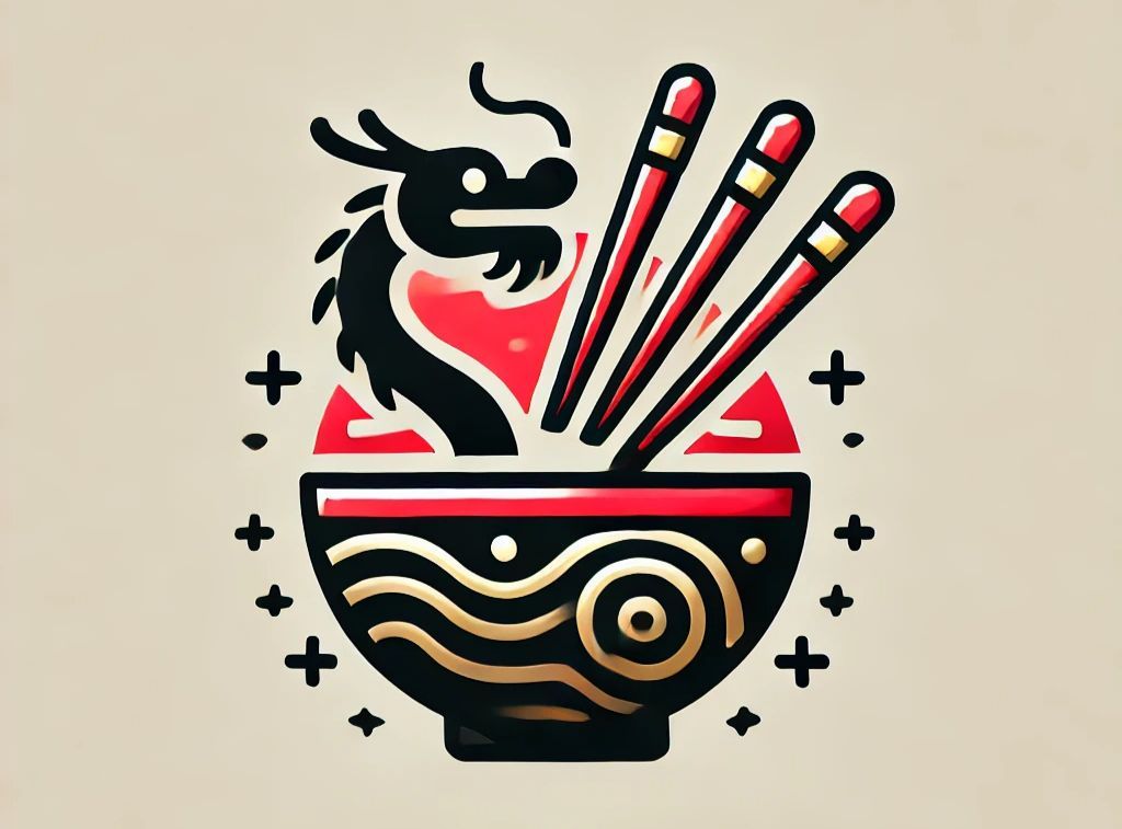Stylized bowl of noodles with chopsticks, black dragon, and red accents on a cream background