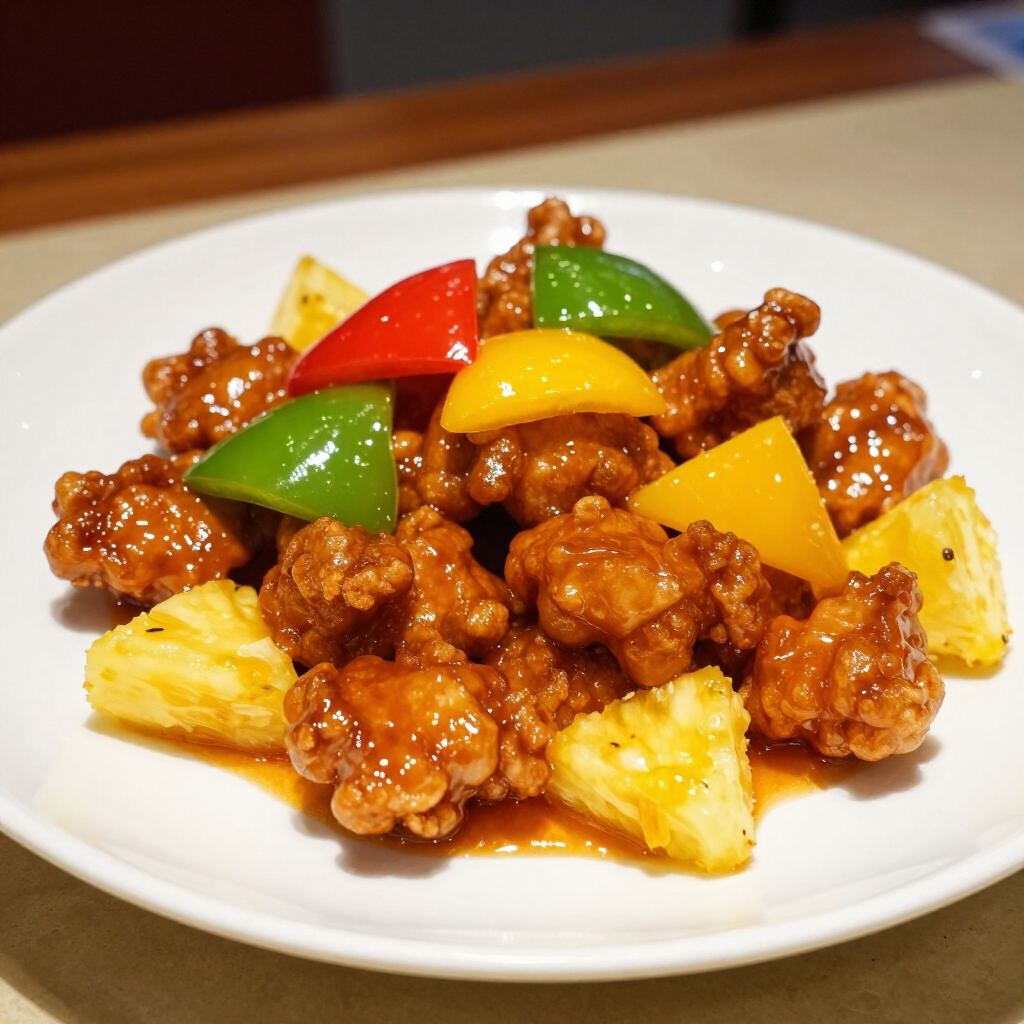 Sweet and sour chicken with bell peppers and pineapple on a white plate