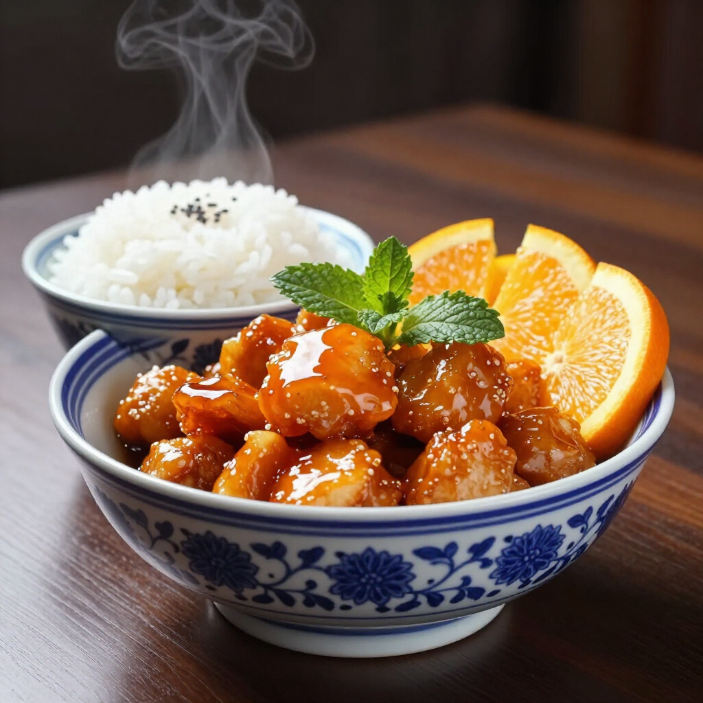 Steaming bowl of glazed fried chicken with rice, orange slices, and mint garnish on a table