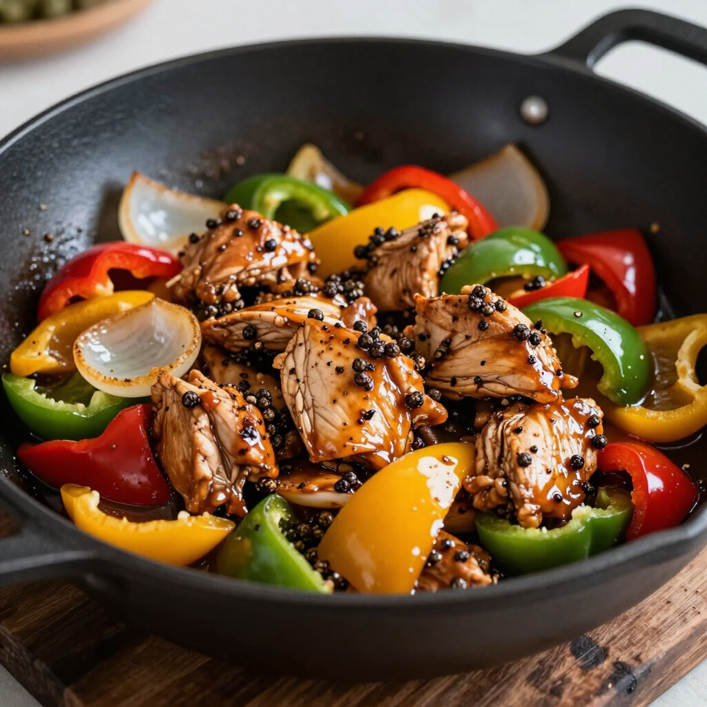 Stir-fried chicken with bell peppers and onions in a black wok, topped with sesame seeds