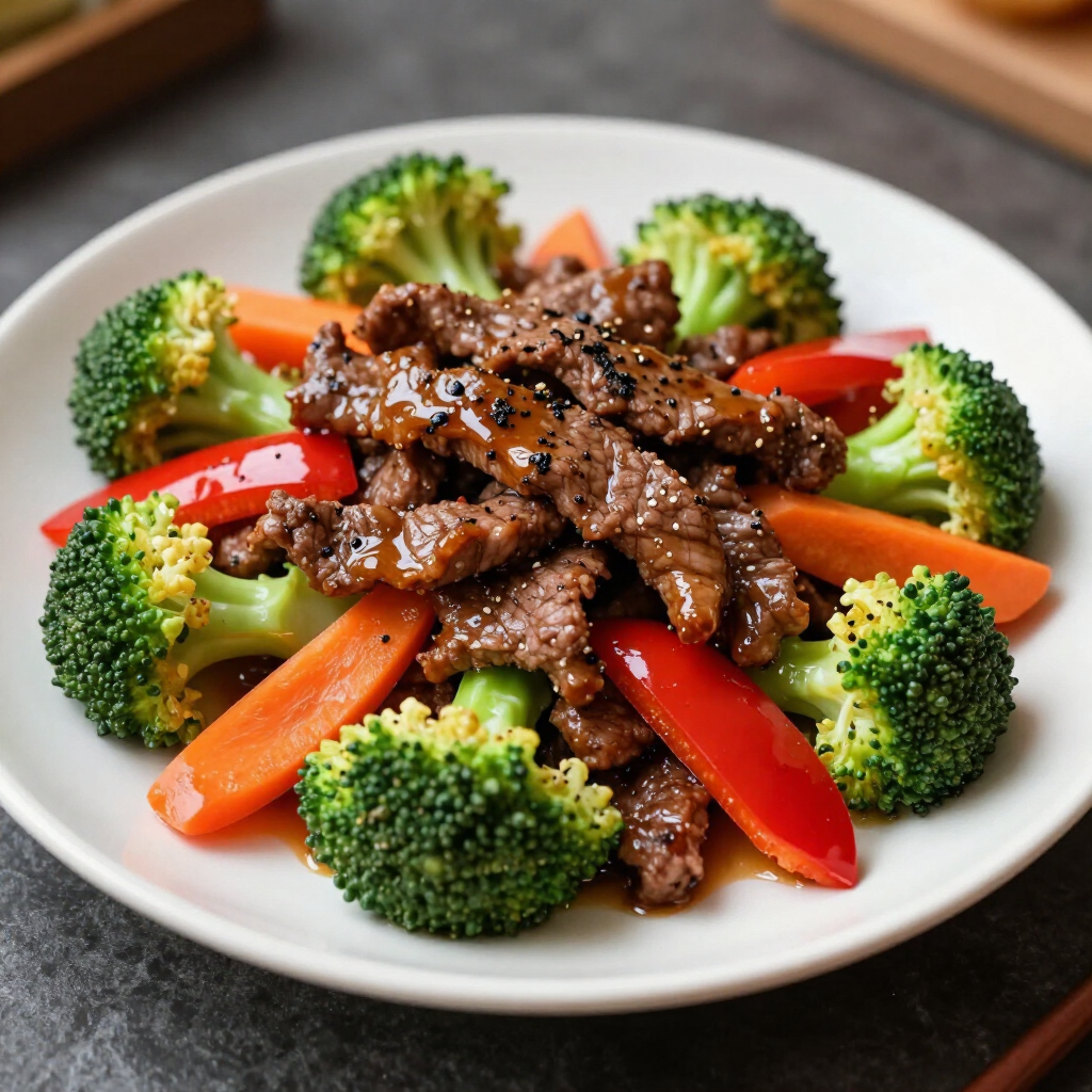 Grilled beef and broccoli with red and orange bell peppers on a white plate