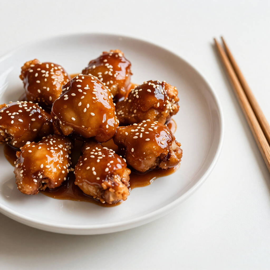 Sesame-glazed chicken wings on a white plate with chopsticks