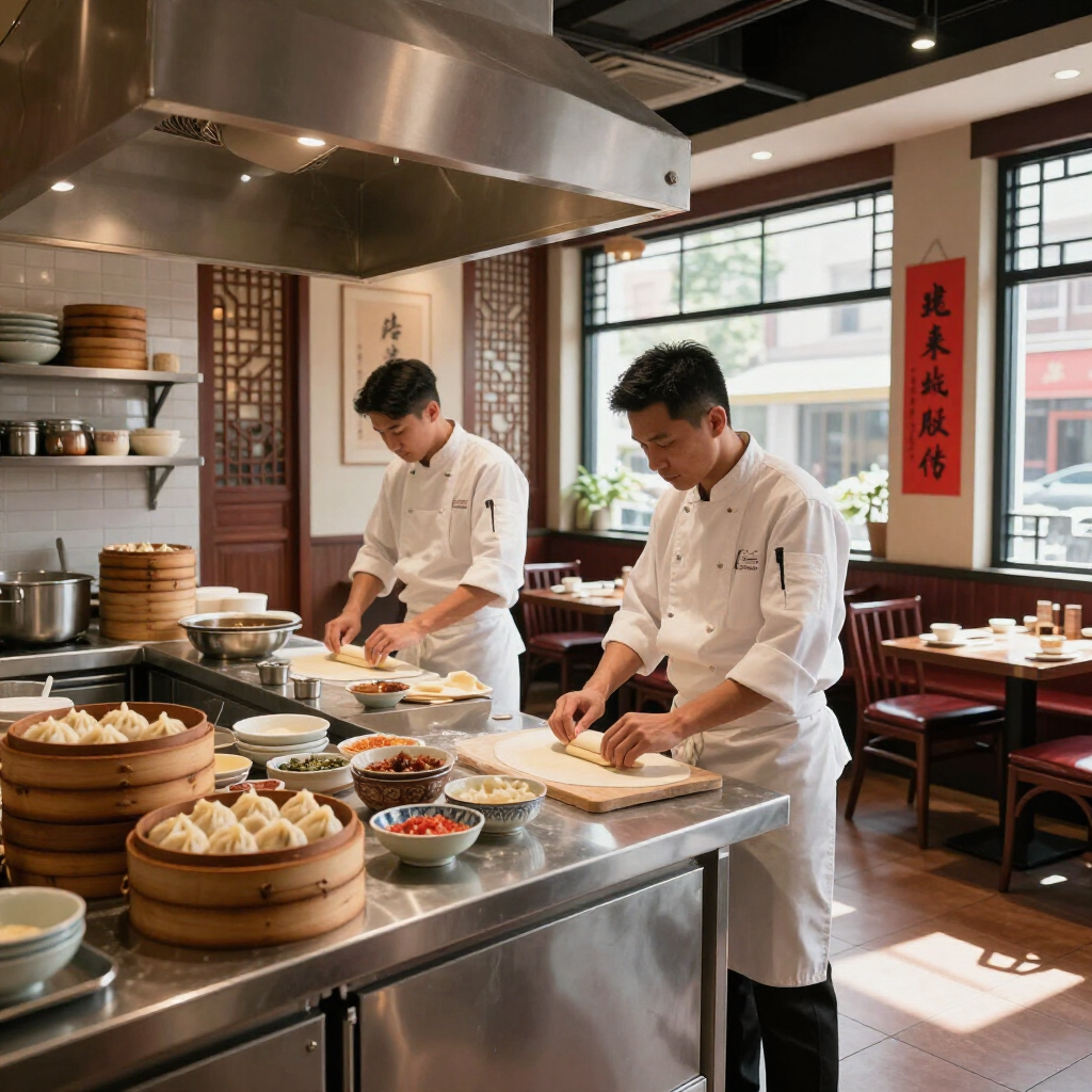 Two chefs in white uniforms prepare dough at a stainless-steel counter in a bright restaurant kitchen.