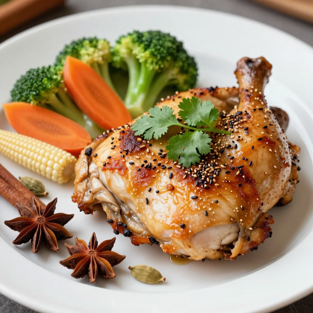 Roasted chicken thigh with broccoli, carrots, baby corn, and star anise on a white plate