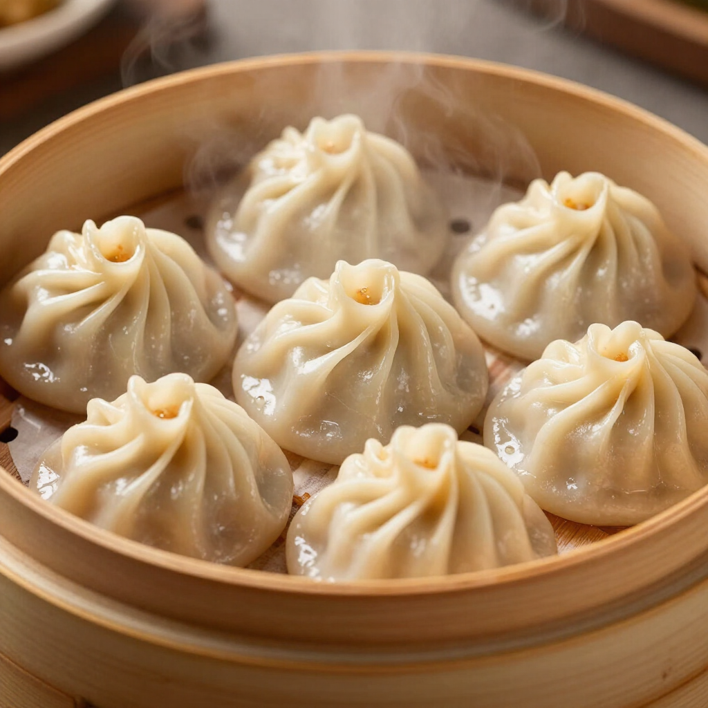 Bamboo steamer basket filled with steaming soup dumplings