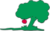 Green tree with a red apple hanging from a branch