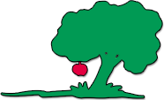 A green tree with a red apple hanging from a branch on a white background.
