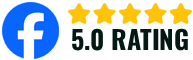 A blue Facebook logo next to five yellow stars and the text