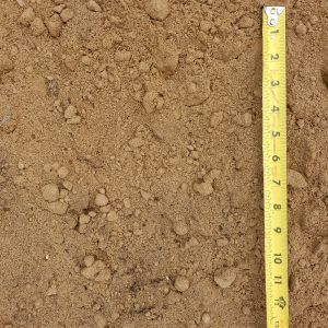 Close-up of brown soil with a vertical measuring tape along the right edge.
