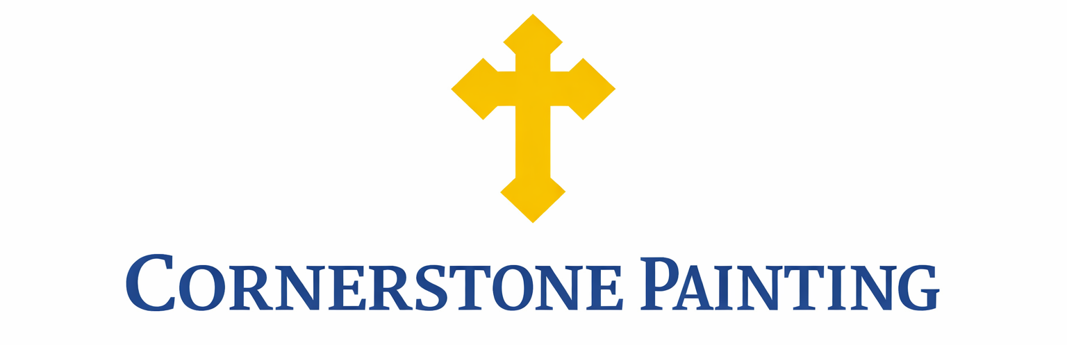 A yellow cross symbol above the blue text "CORNERSTONE PAINTING".
