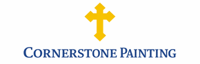 A yellow cross symbol above the blue text "CORNERSTONE PAINTING".