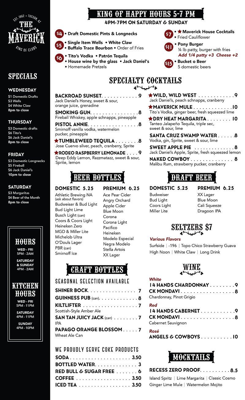 The Maverick Drink Menu