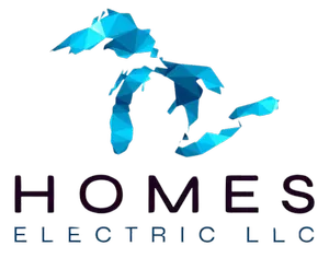 Blue map of Michigan above “HOMES ELECTRIC LLC” logo on white background