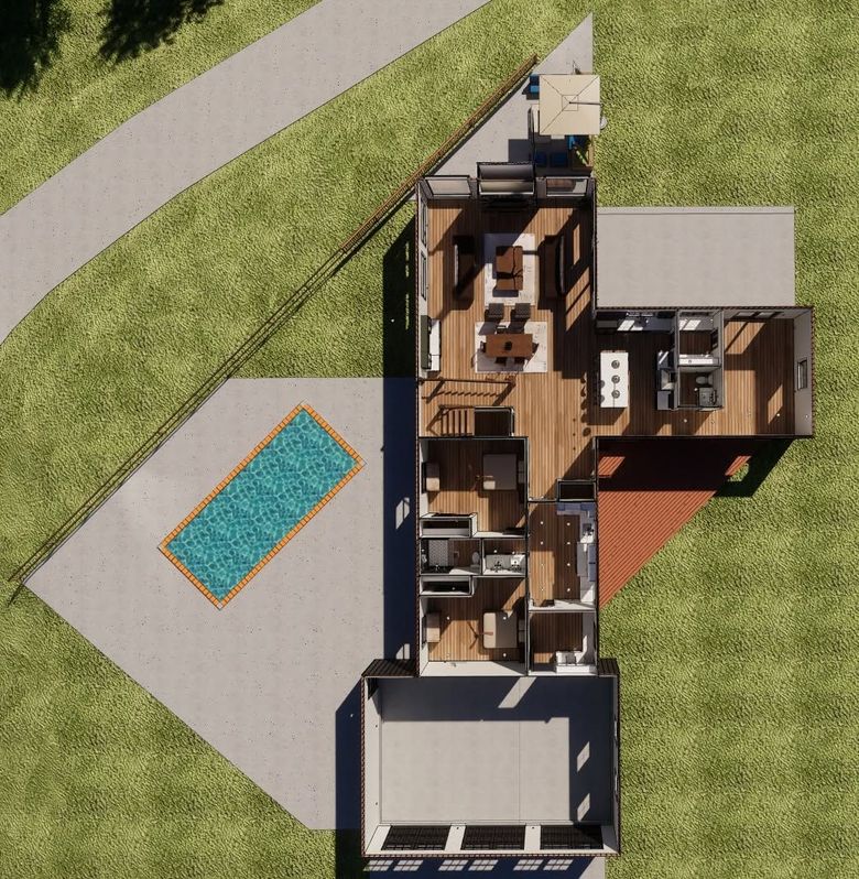 Top-down rendering of a modern house with a driveway, pool, and surrounding grass and road.