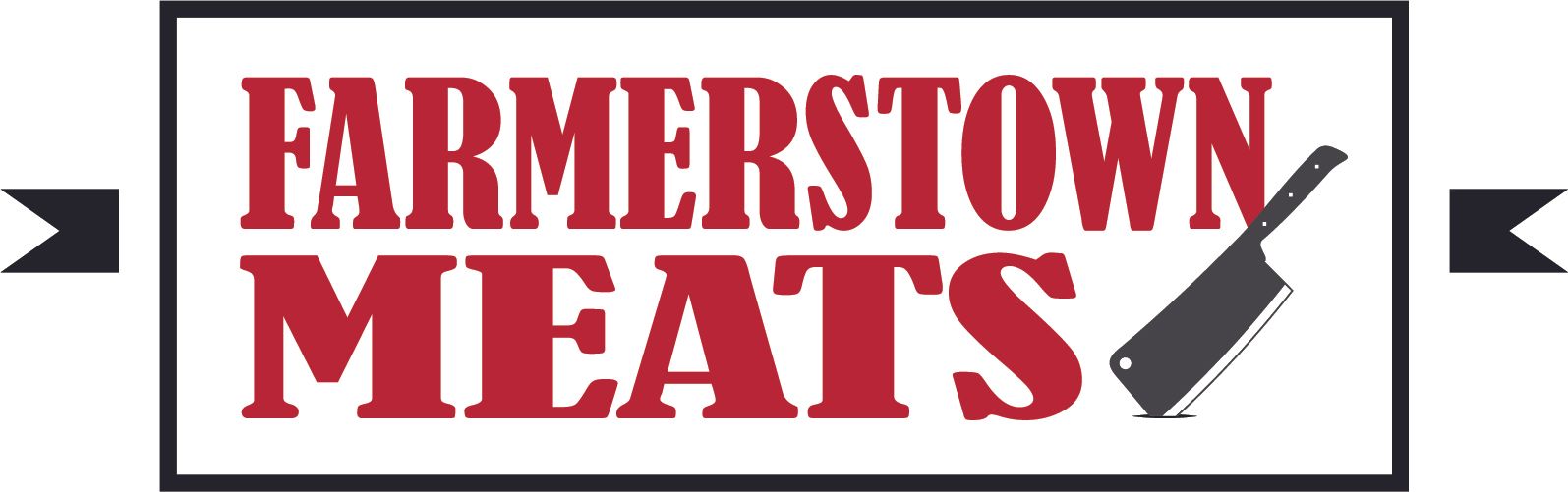 Farmerstown Meats logo with red text and meat cleaver.