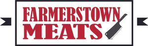 Farmerstown Meats logo with red text and meat cleaver.