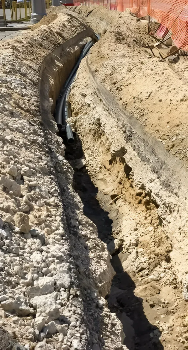 A Narrow Trench in the Ground Containing Black Pipes — Copp & Co Civil Plant Hire in Airlie Beach, QLD