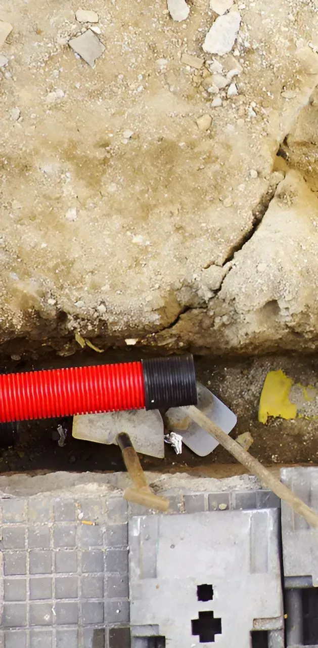 A Bright Red Corrugated Conduit Pipe Rests in a Shallow Dirt Trench — Copp & Co Civil Plant Hire in Bowen, QLD