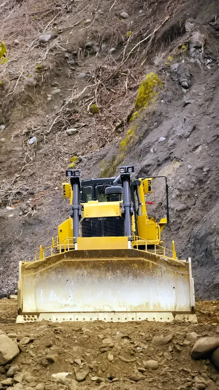 A Yellow Bulldozer Sits Facing the Camera in Front of a Steep, Rocky — Copp & Co Civil Plant Hire in Proserpine, QLD