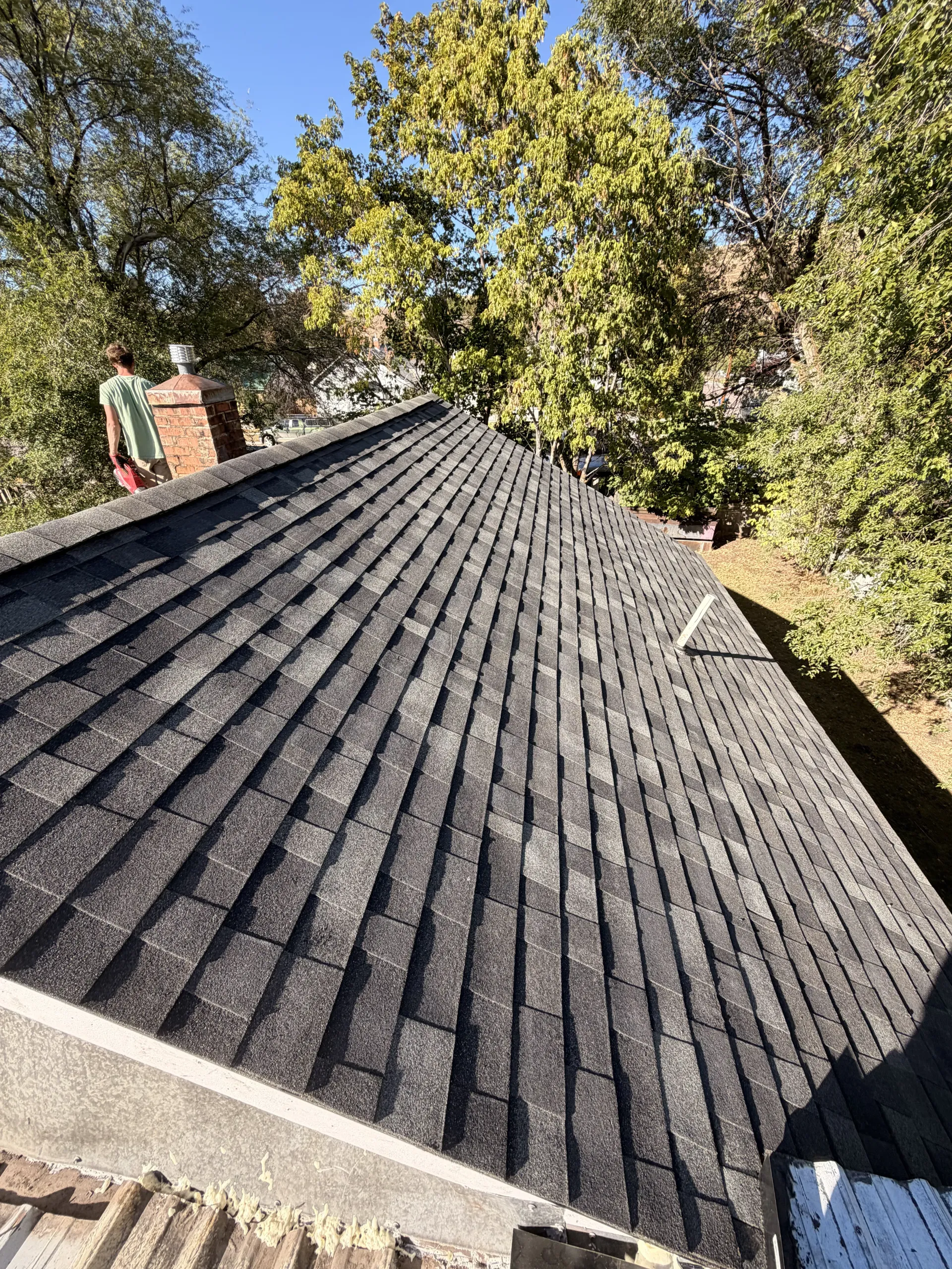 Dark shingled roof viewed from above, with trees and a chimney in the background.