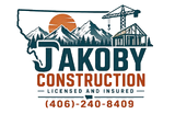 Takoby Construction logo with mountains, sun, crane, house frame, and phone number (406) 240-8409