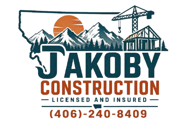 Takoby Construction logo with mountains, sun, crane, house frame, and phone number (406) 240-8409