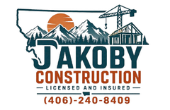Takoby Construction logo with mountains, sun, crane, house frame, and phone number (406) 240-8409