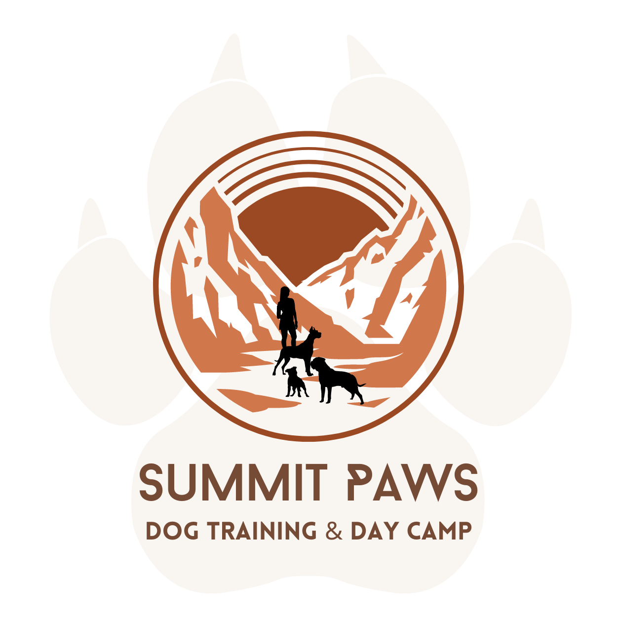 A logo for summit paws dog training and day camp