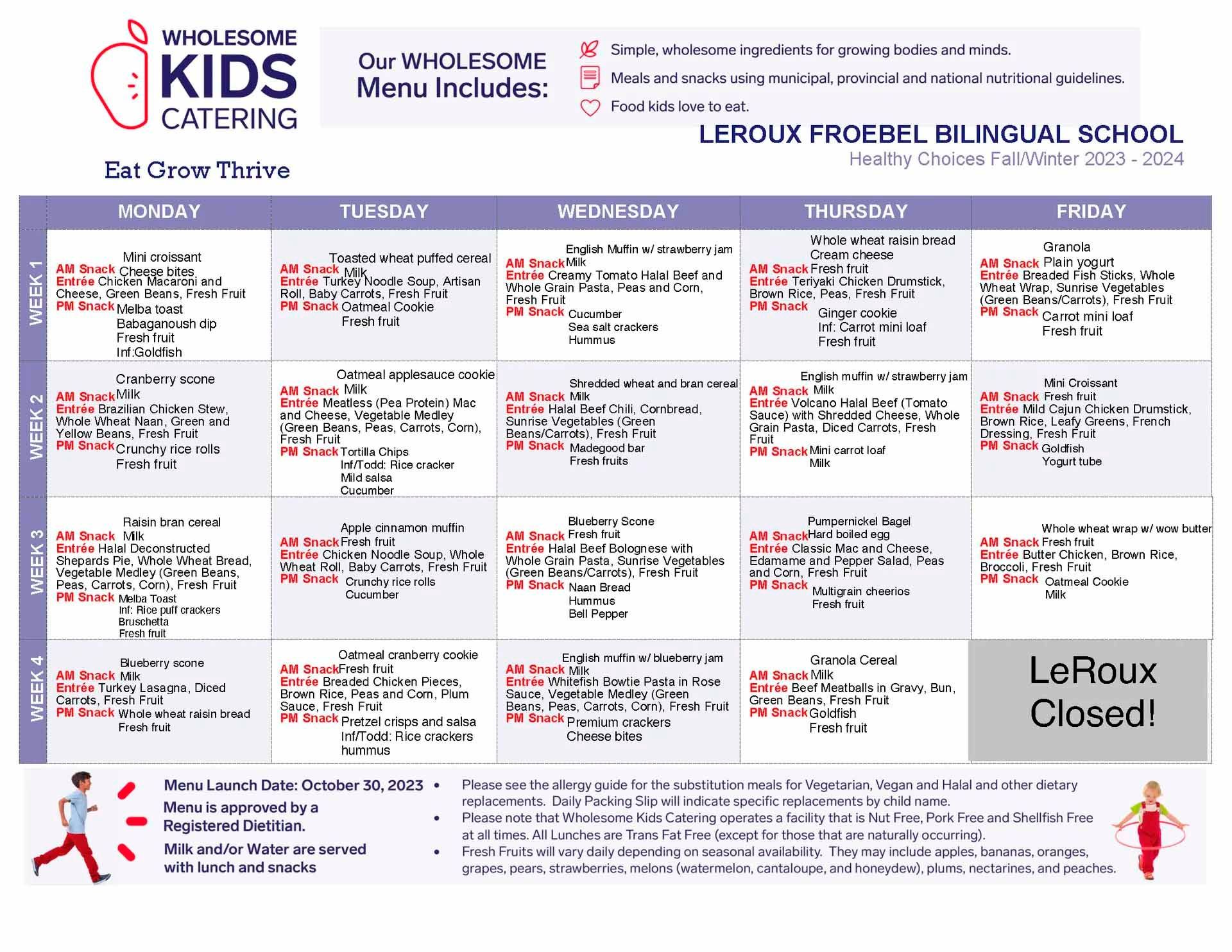 Wholesome Kids Catering menu for Le Roux Froebel Bilingual School. Includes daily meal options and school closure notice.