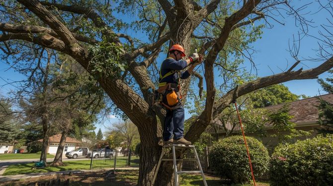 Tree surgeon on a ladder pruning high branches of a mature tree.