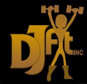 The logo for dj fit inc shows a man lifting dumbbells in the air.