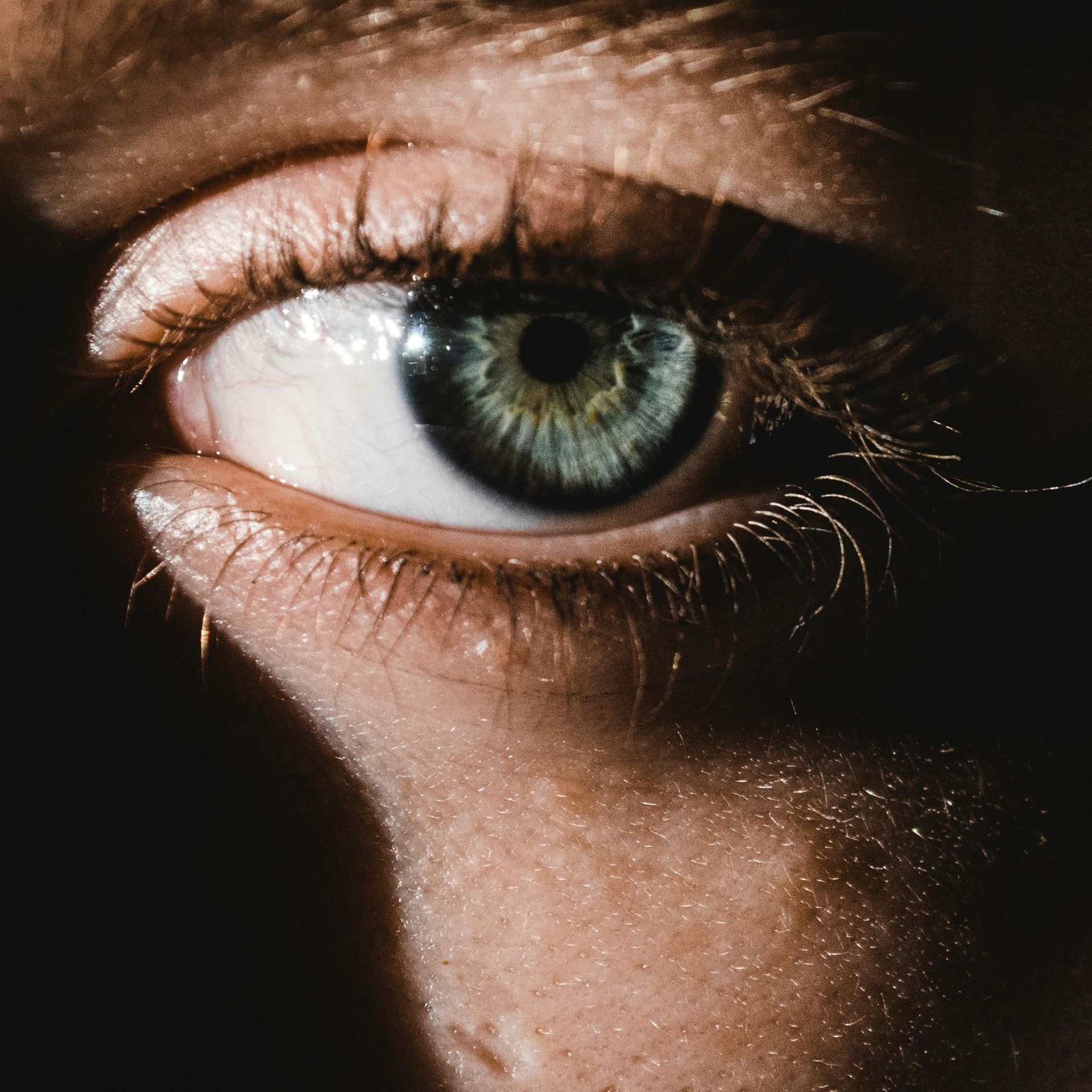 Close-up of an eye with blue-green iris, dark shadow on cheek.