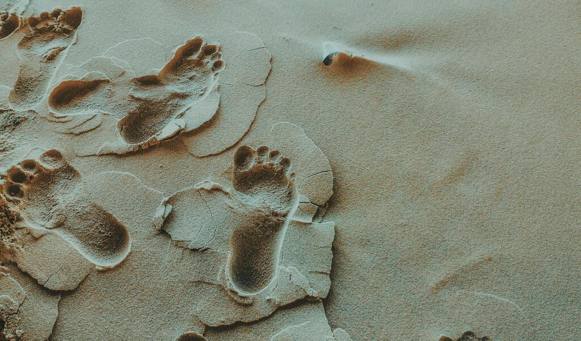 A group of footprints in the sand on a beach.